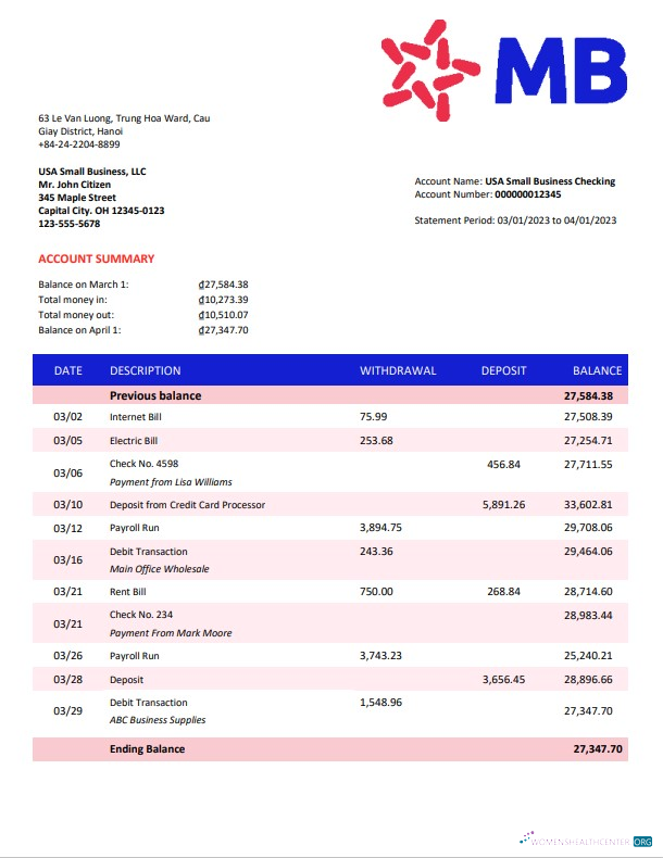 Download MB Bank company statement Word and PDF template Photoshop template